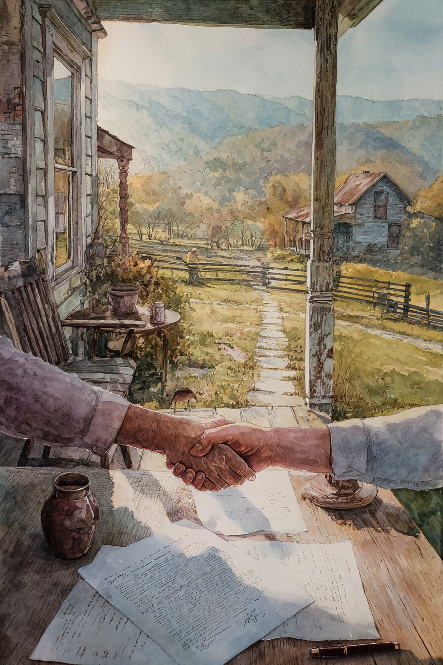 Handshake on a porch with rural homes, representing Eastern KY Title, Kentucky Title Company, Real Estate Closing, Title Insurance, Lewis County, Wolfe County, Escrow Services, and Residential Title Search.