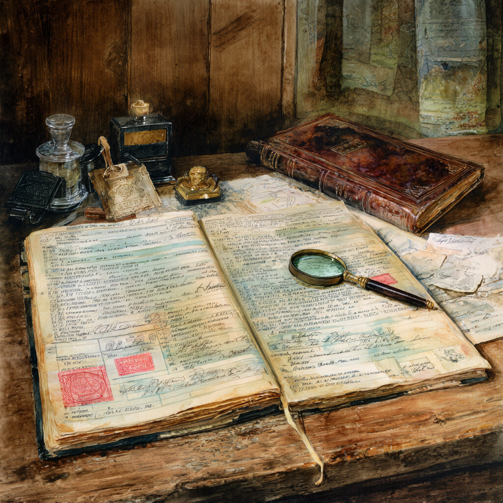 Open ledger with magnifying glass, antique desk setting, symbolizing Kentucky Title Company, Real Estate Closing, Title Insurance, Escrow Services, and Residential Title Search in Lewis and Wolfe County.