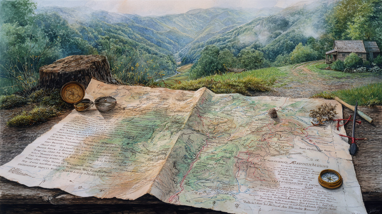 A detailed old map with compasses, magnifying glass, and brush lies on a wooden surface, overlooking lush green mountains and a small cabin in the distance.