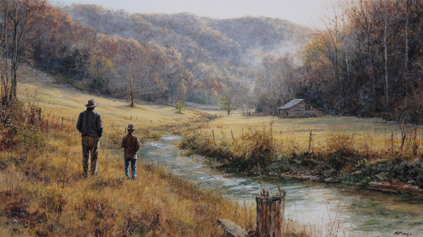 A man and a boy stand by a creek in a peaceful autumn landscape, with a distant cabin and forested hills in the background.