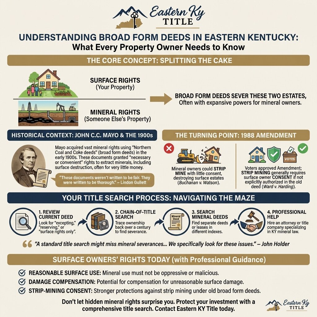 Infographic explaining broad form deeds in Eastern Kentucky, focusing on surface and mineral rights, historical context, legal changes, title search steps, and surface owners’ current rights.