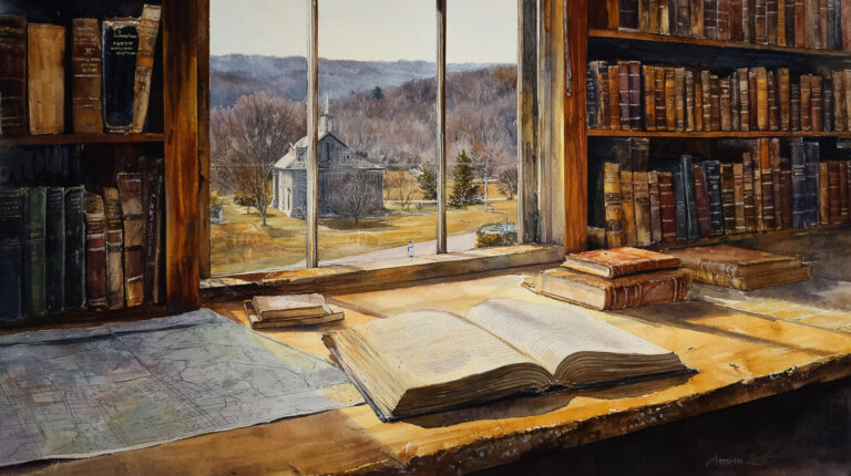 A sunlit library with old books and a map on the table, looking out a window to a rural scene with a church and trees.