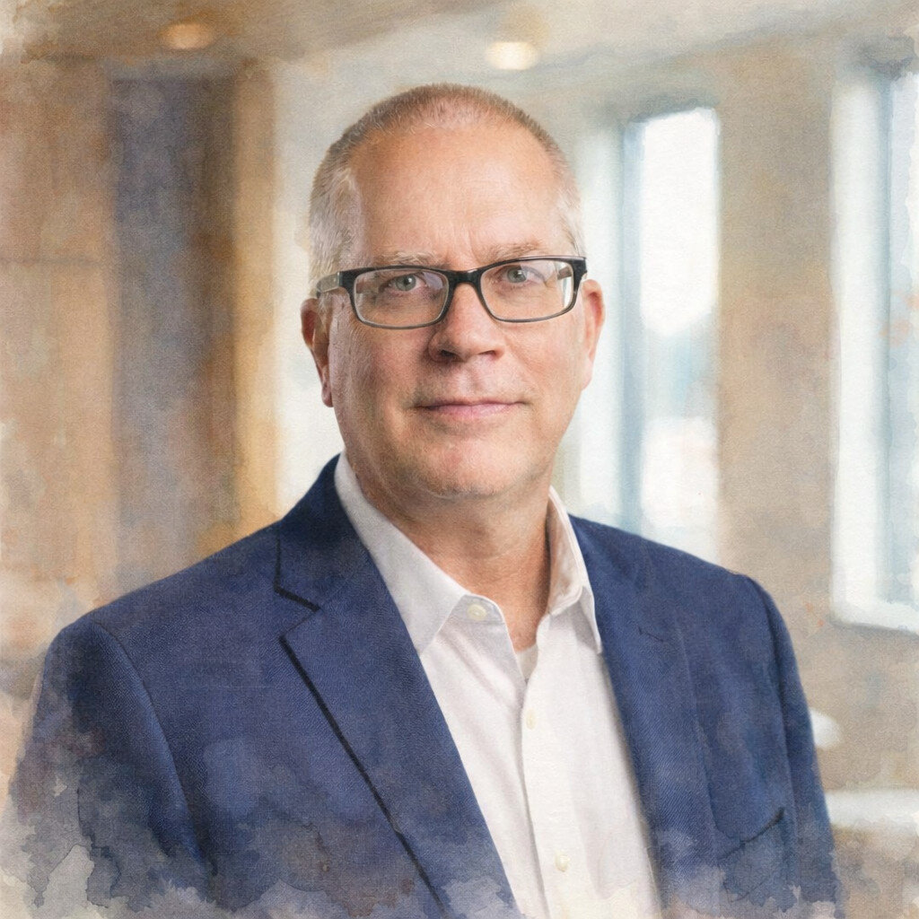 A middle-aged man wearing glasses and a blue blazer poses indoors with soft natural light and blurred background.