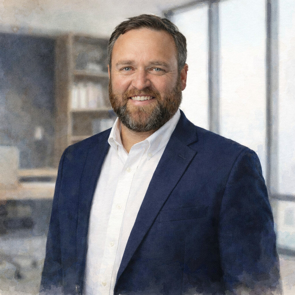 Smiling man with a beard wearing a navy suit and white shirt, standing in a modern office with large windows in the background.
