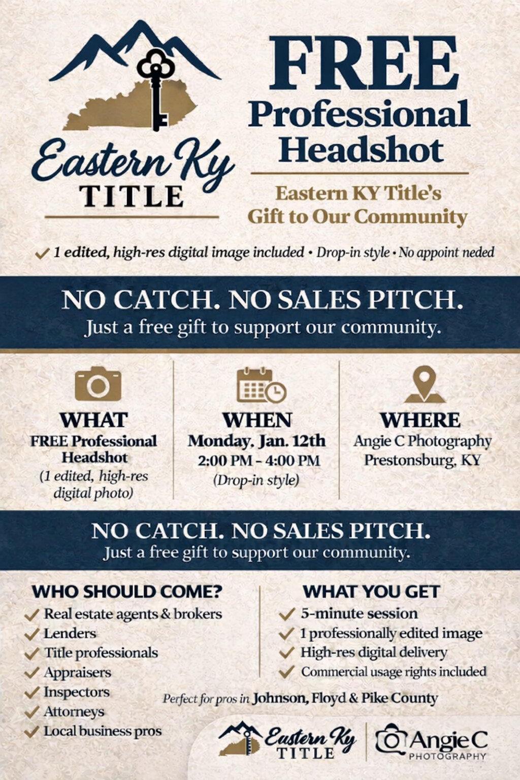Eastern KY Title offers free professional headshots, promoting Kentucky Title Company, Real Estate Closing, Title Insurance, Escrow Services, Residential Title Search, and Commercial Real Estate in Lewis County and Wolfe County.