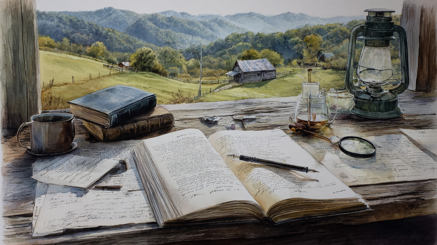 Open books, papers, and a cup on a rustic wooden table by a window, overlooking green hills, cabins, and a lantern in natural daylight.