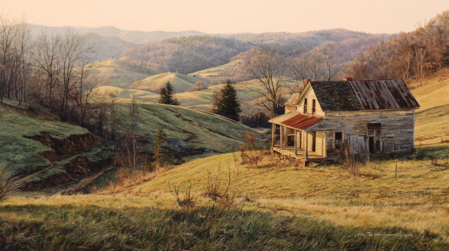 old, weathered farmhouse sits on a grassy hillside surrounded by rolling hills and bare trees in a rural landscape at sunset.