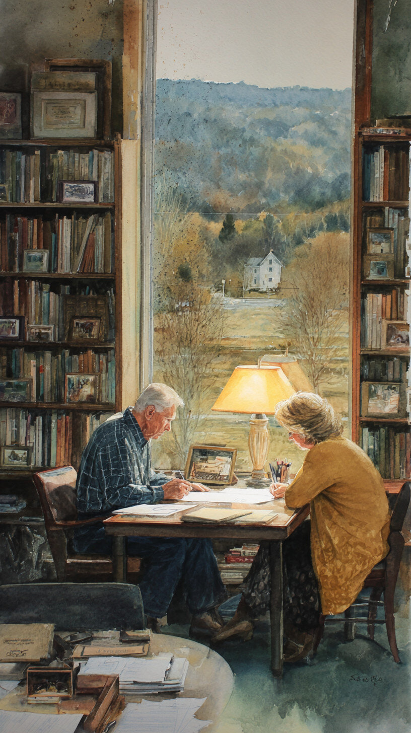 elderly couple sits at a table in a cozy library, writing together by lamp light, with a large window overlooking a scenic countryside.
