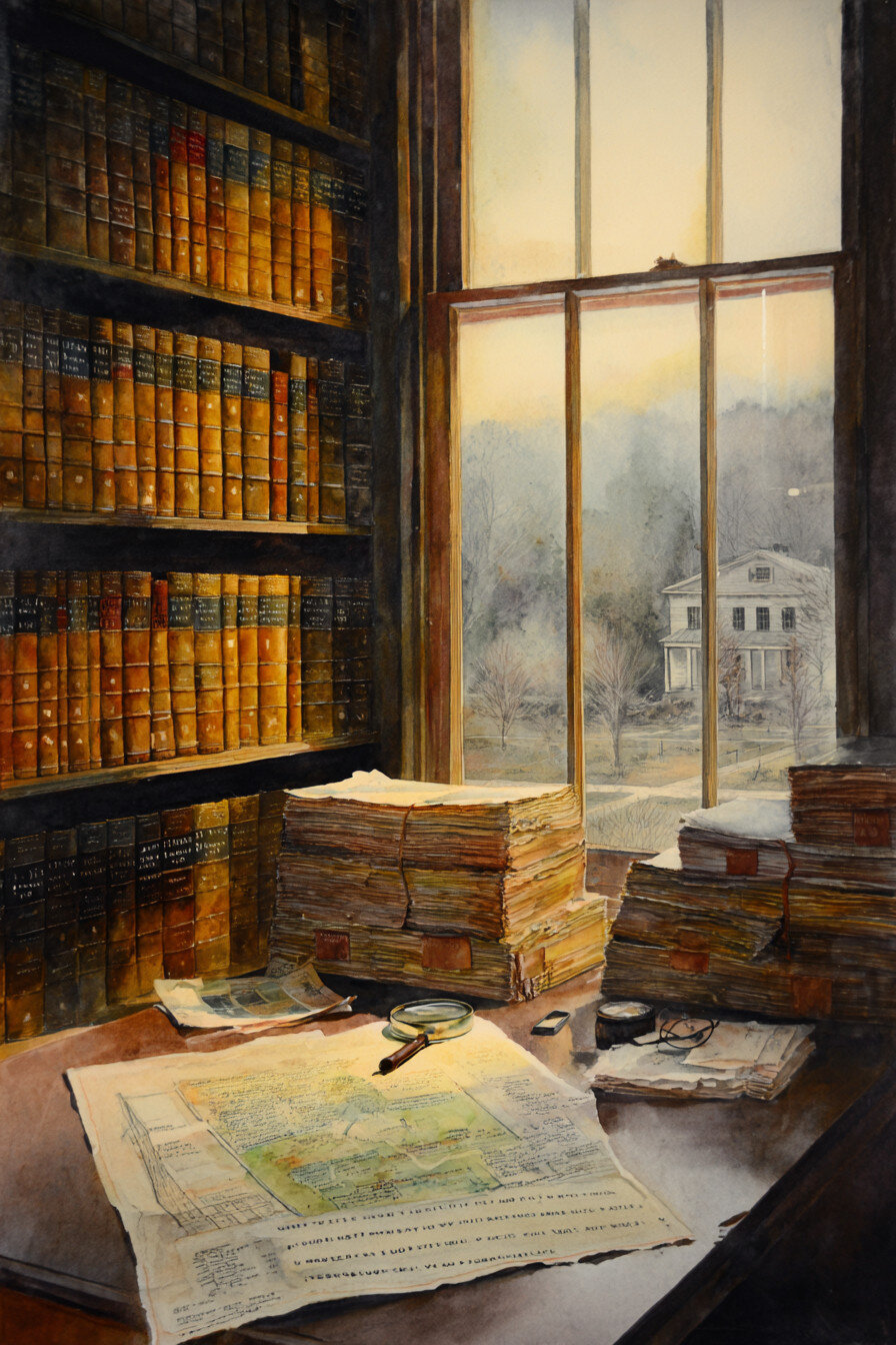 A cozy study with shelves of old books, a sunlit window, stacks of papers on the desk, and a view of a house outside.