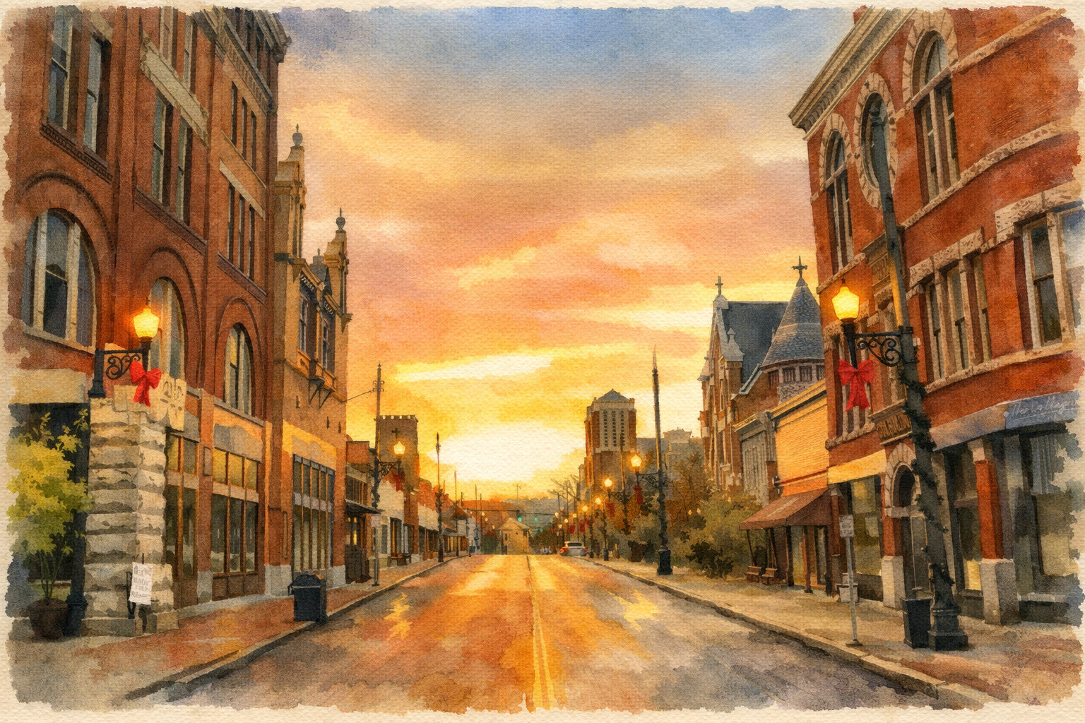 Watercolor painting of a quiet small-town street at sunset with historic brick buildings, glowing street lamps, and a colorful sky.