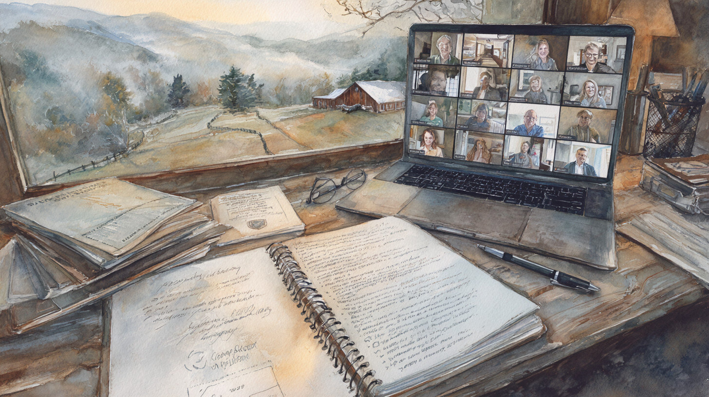 A cozy desk with open notebooks, glasses, and a laptop showing a video call, set by a window overlooking a peaceful countryside landscape.