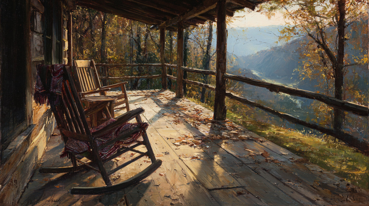 Two wooden rocking chairs on a rustic porch overlook a sunlit forested valley in autumn, with fallen leaves scattered across the wooden floor.