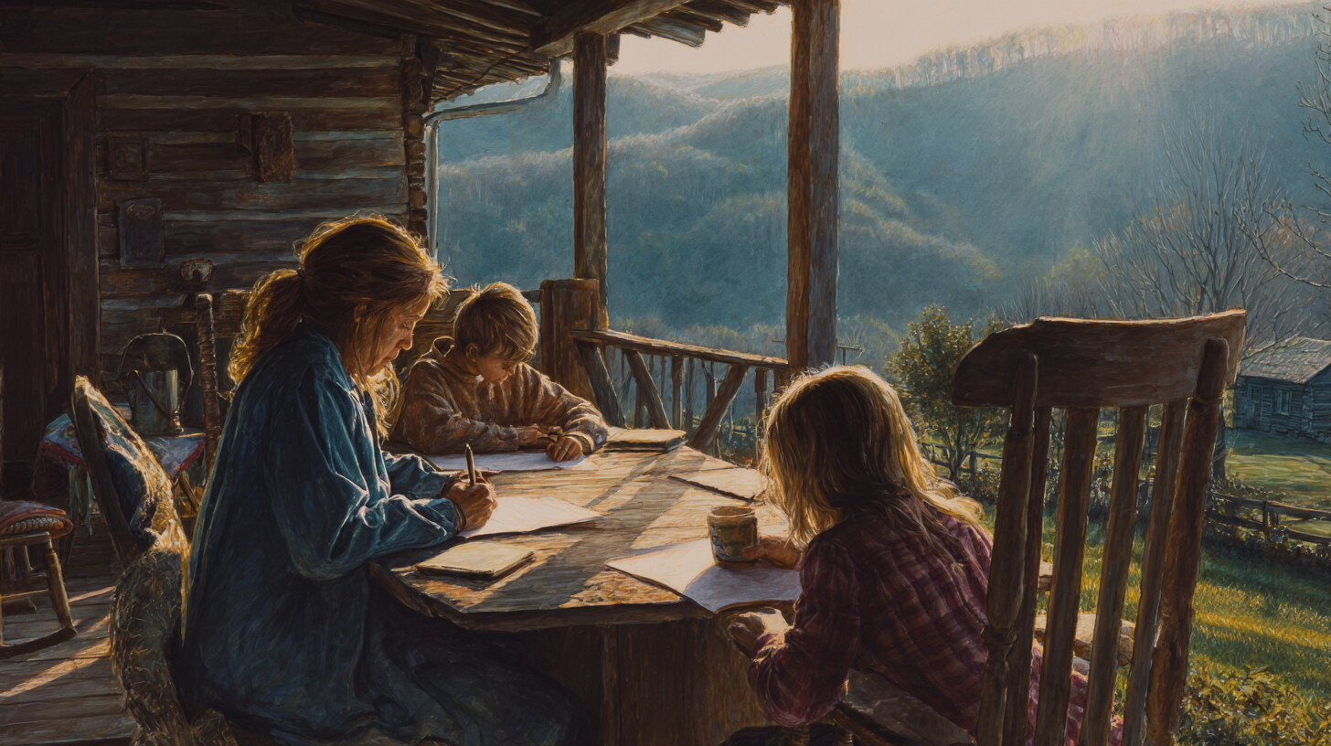 Three children sit at a wooden table on a rustic porch, drawing and writing, with sunlight streaming over the mountains in the background.