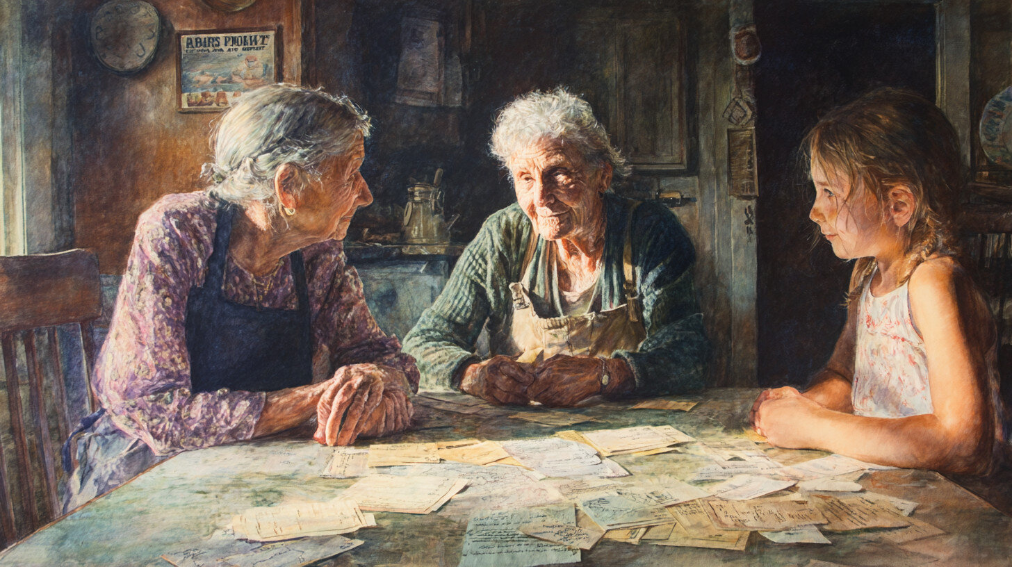 Two elderly women and a young girl sit around a table covered with papers, engaged in conversation in a warmly lit rustic kitchen.