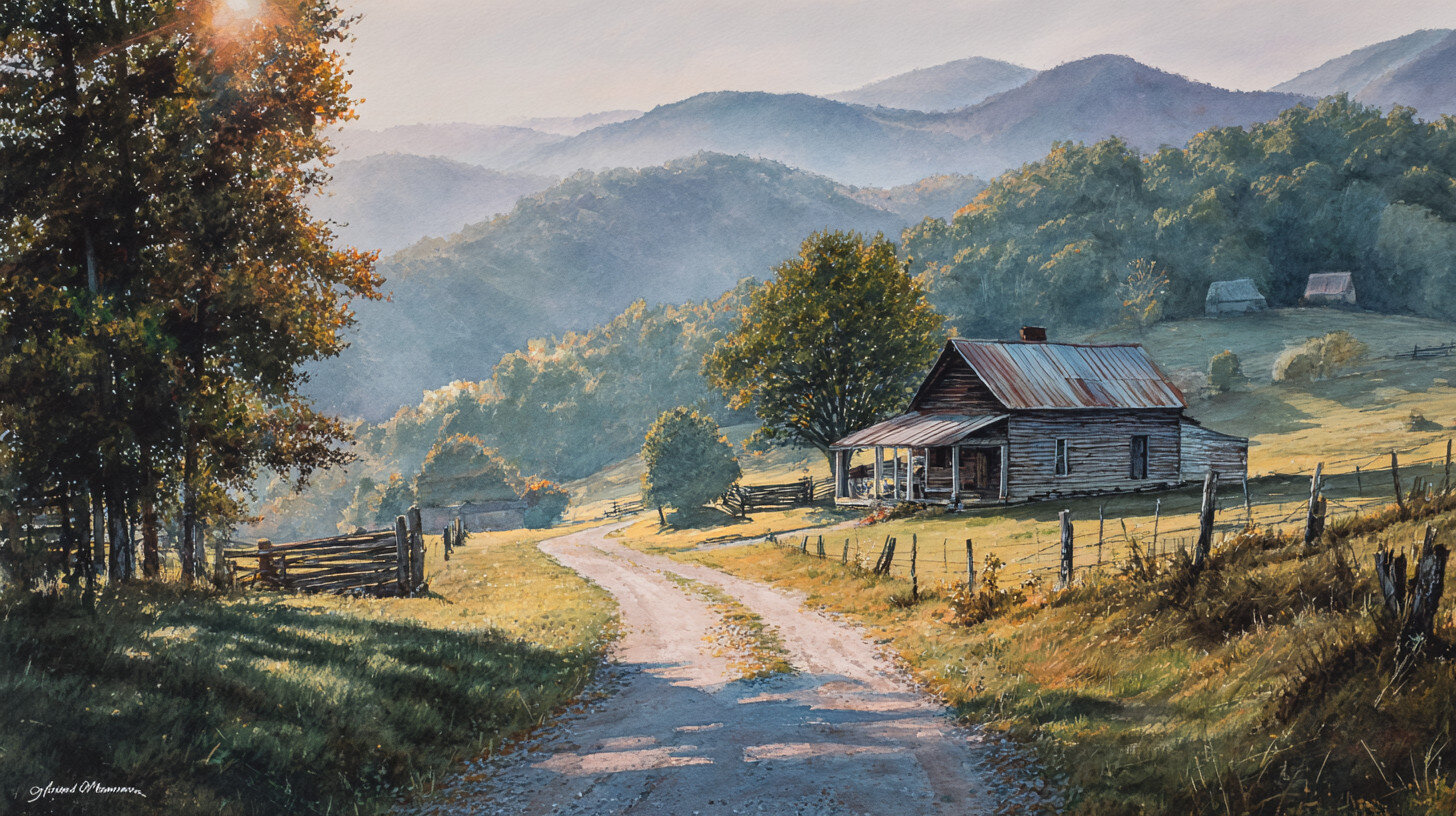 A winding country road leads to a rustic wooden house, surrounded by trees and rolling hills under a hazy, sunlit sky.