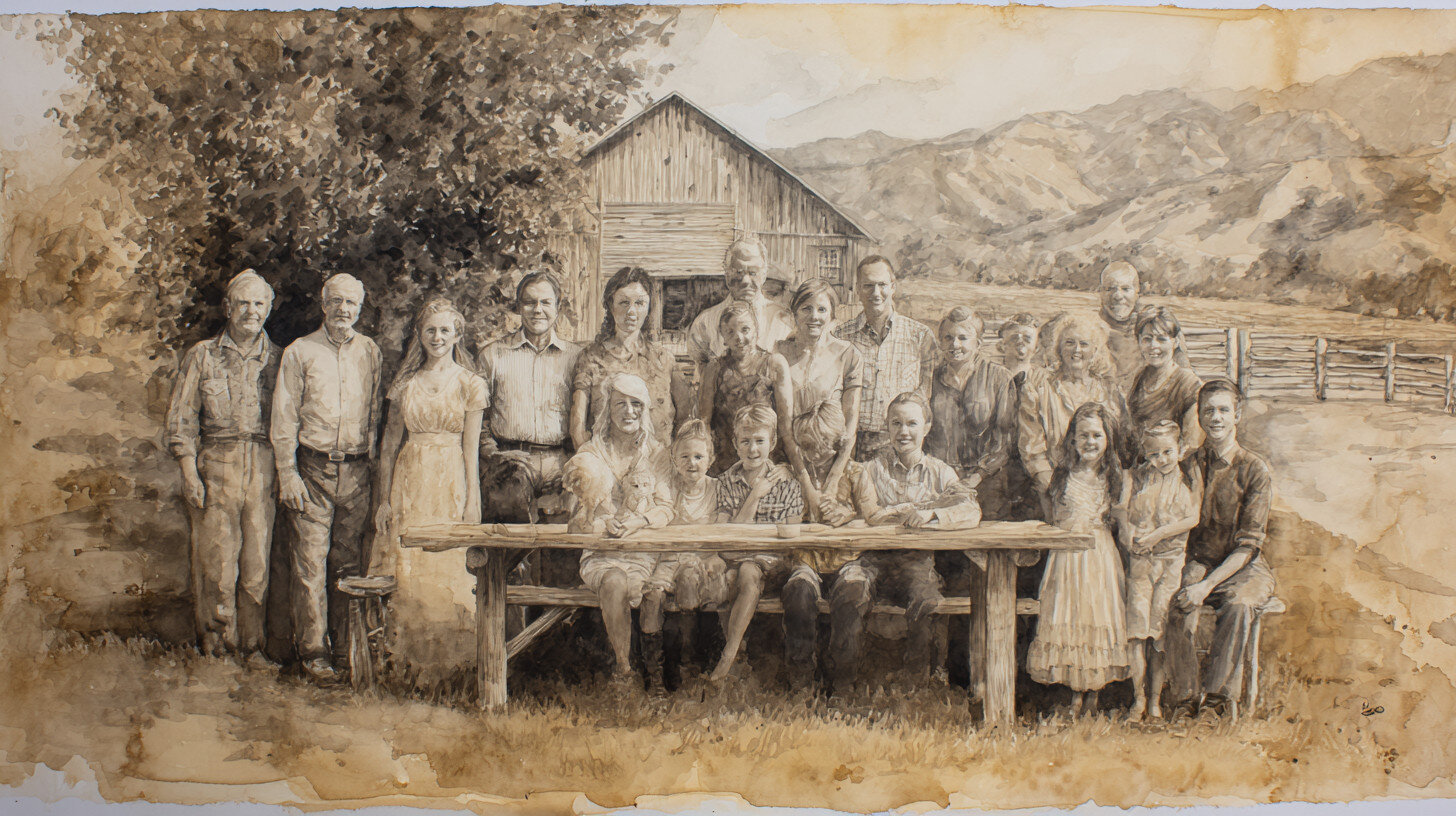 Sepia-toned painting of a large multi-generational family posing outdoors in front of a barn, mountains, and fields, with some seated at a wooden table.