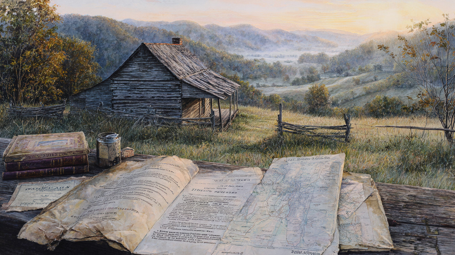 Old wooden cabin in a grassy field at sunrise, books, maps, and inkwell on a wooden table, misty hills in the background.