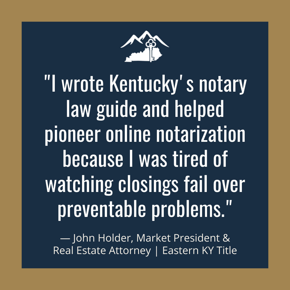 A quote about clearing property titles with unclear boundaries, attributed to Lindon Gullett, President & Real Estate Attorney, Eastern KY Title, on a brown background.