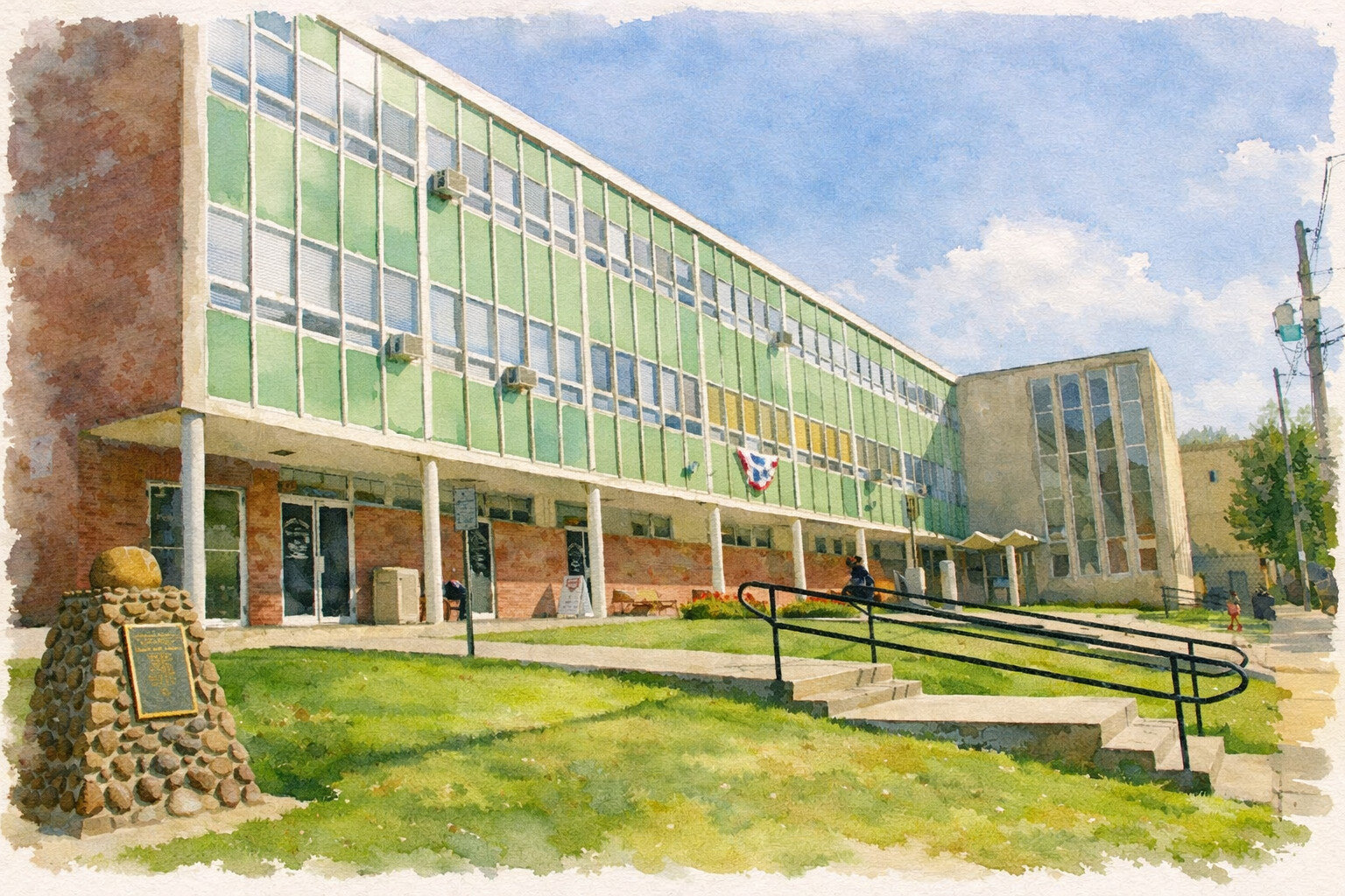 A three-story green and brick school building with a ramp, steps, and commemorative stone monument on a sunny day, painted in a watercolor style.