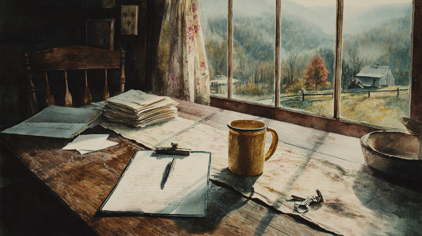A rustic wooden desk with papers, a yellow mug, and keys sits by a sunny window overlooking a scenic countryside with trees and a distant barn.