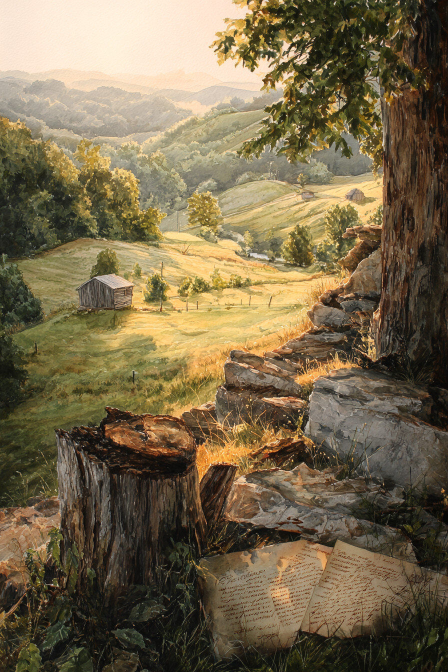 Sunlit countryside landscape with rolling hills, trees, a small wooden shed, and handwritten letters lying on rocks near a large tree in the foreground.