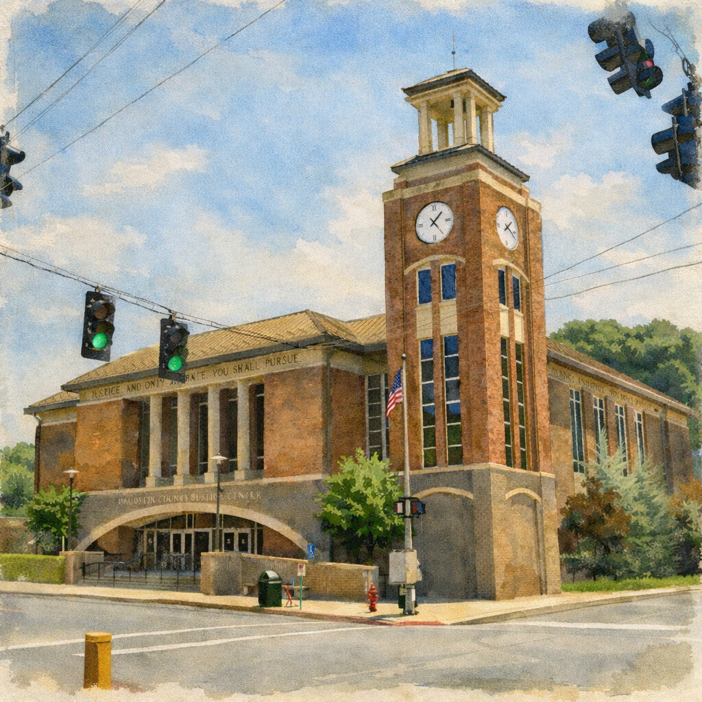 A brick courthouse with a clock tower, American flag, and green traffic lights at a street corner under a blue sky.