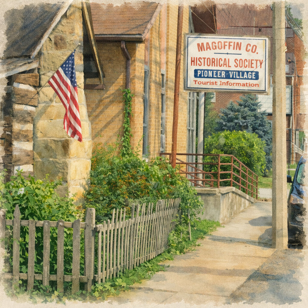 A building with an American flag, a picket fence, and a sign for Magoffin County Historical Society Pioneer Village tourist information.