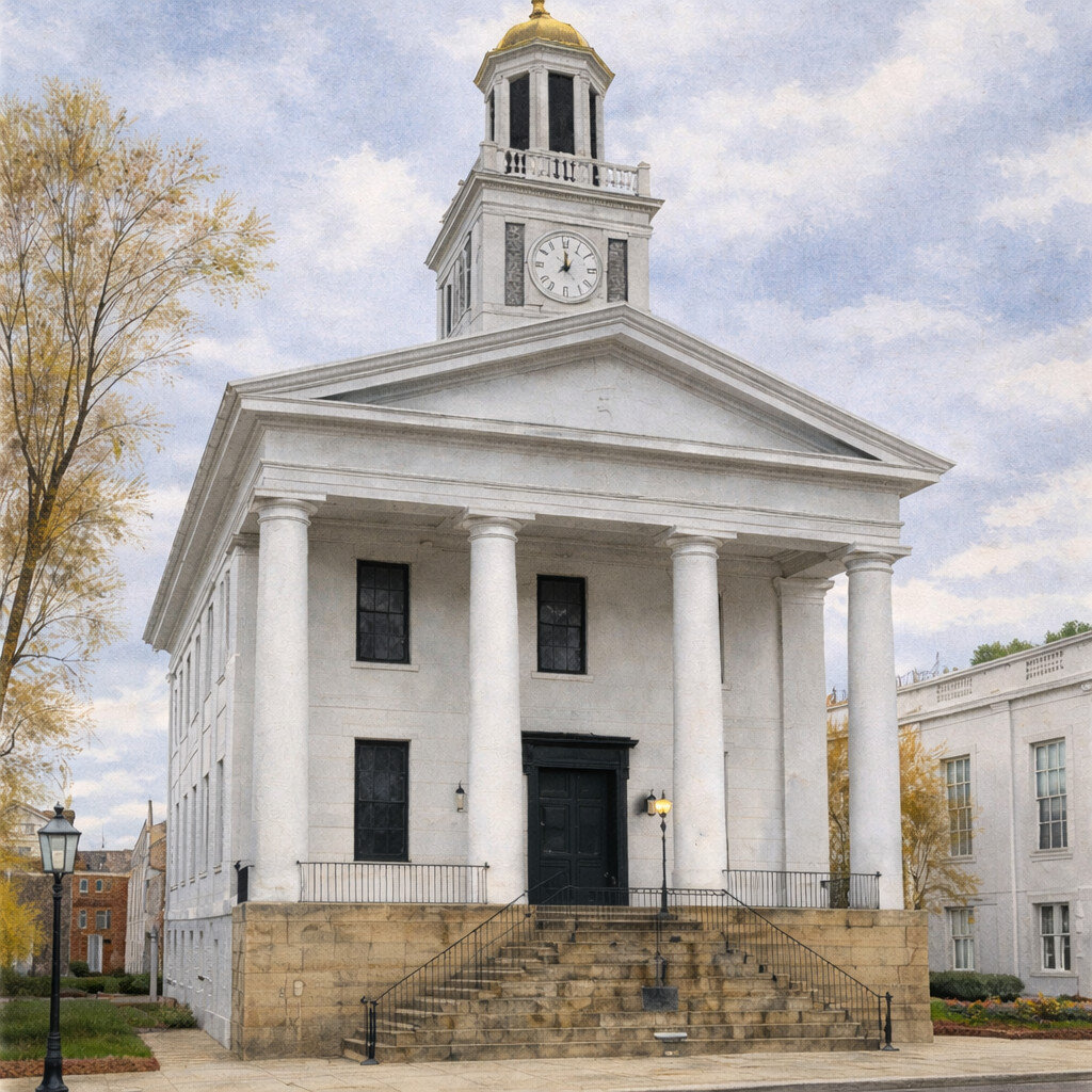 A historic white courthouse with tall columns, a clock tower, and golden dome, set against a cloudy sky and surrounded by autumn trees.
