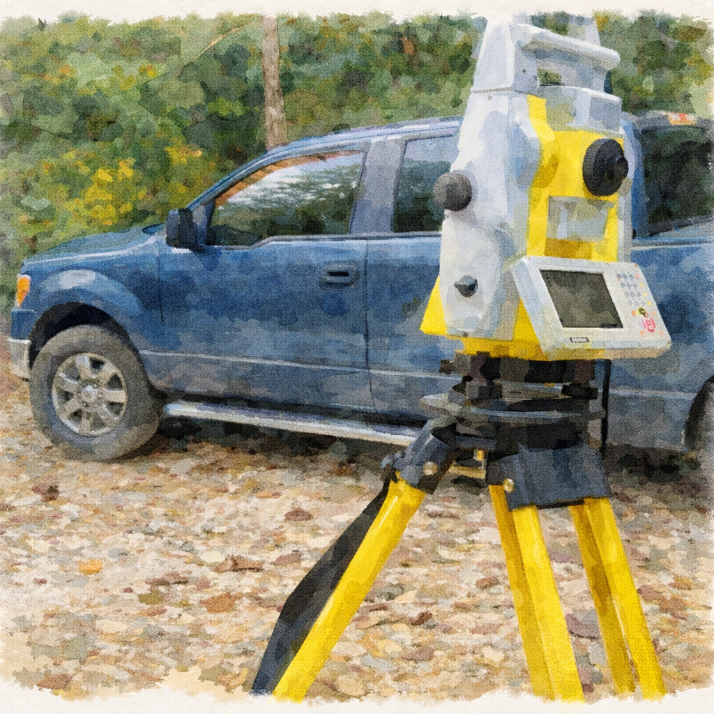 A yellow surveying instrument on a tripod is set up outdoors, with a blue pickup truck and green trees in the background.
