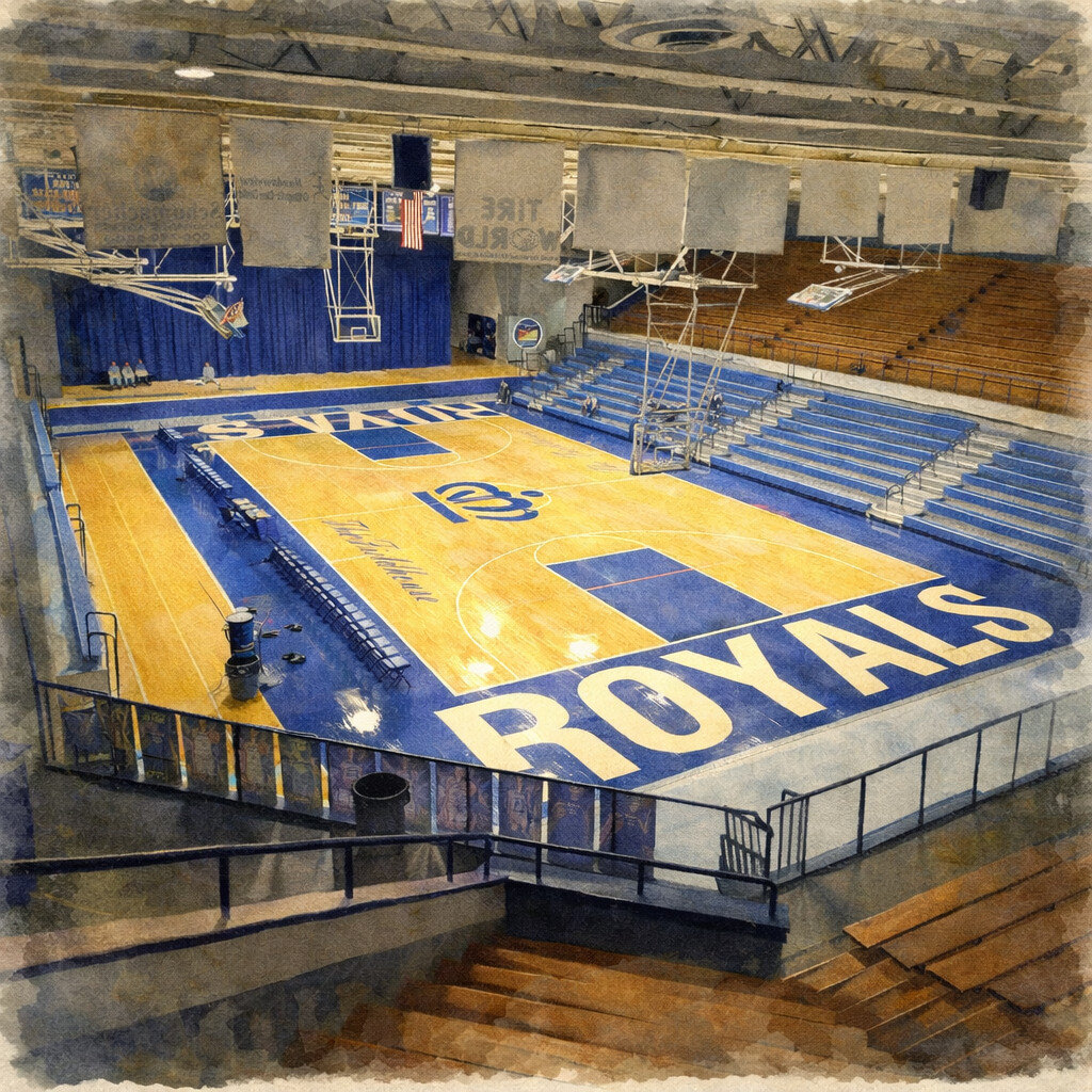 Empty indoor basketball gym with blue accents, wooden court, bleachers, and "ROYALS" written on the floor near the baseline.