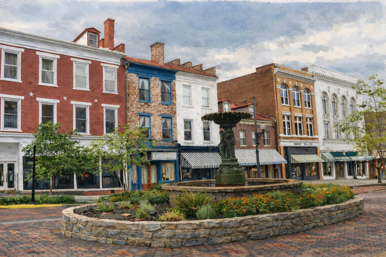Historic downtown street with colorful brick buildings, a circular stone fountain, flowering plants, and striped awnings, under a partly cloudy sky.