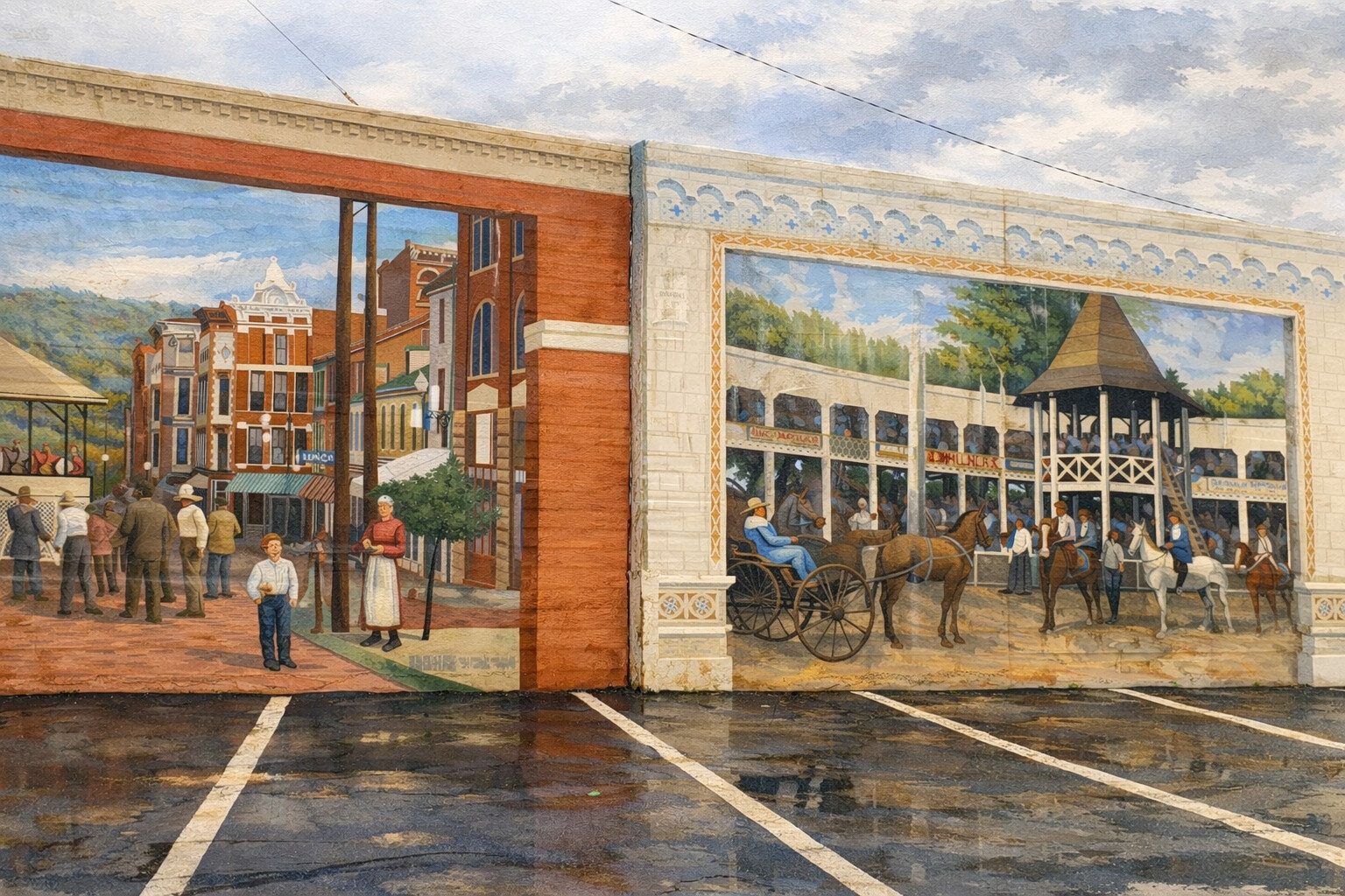 Colorful mural depicting a historic town scene with people, old buildings, a horse carriage, and a gathering at a pavilion, painted on an exterior wall by a wet parking lot.