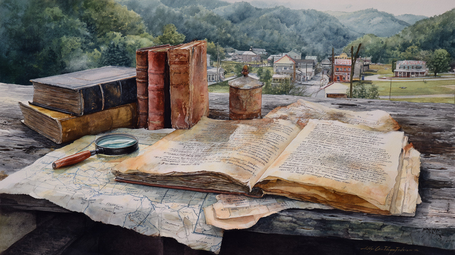 Old books, a magnifying glass, and vintage papers rest on a wooden table with a scenic view of a small town and mountains in the background.