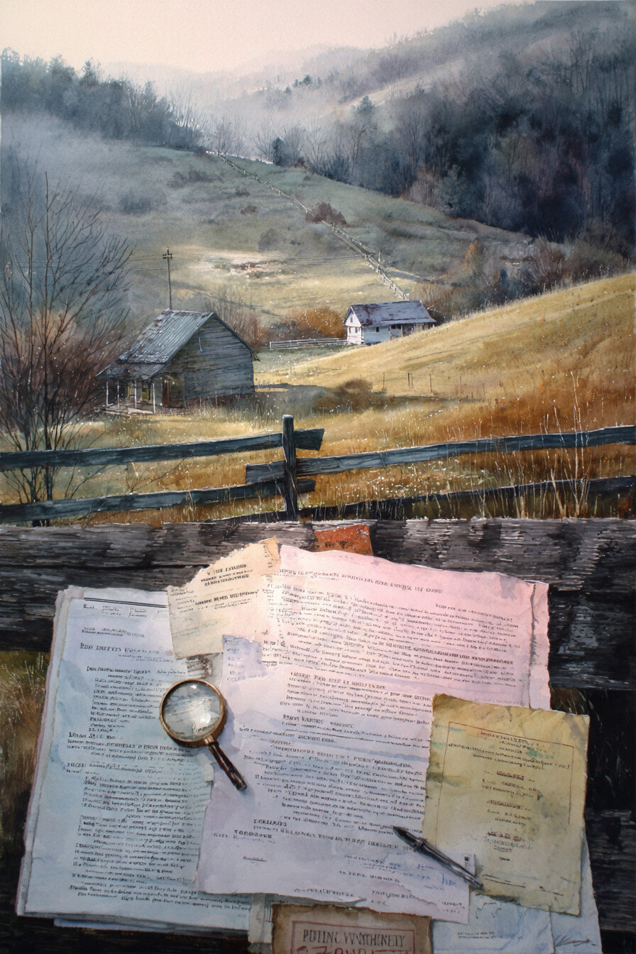 Scattered papers and a magnifying glass on a wooden fence, with rolling hills, trees, and two rustic farmhouses in the background.