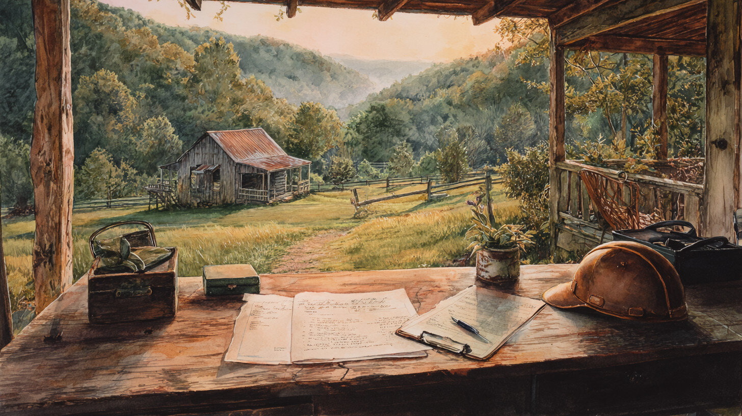 A rustic porch overlooks a sunlit valley with a weathered barn, wooden fence, and hills; a table holds papers, a hard hat, and boxes.