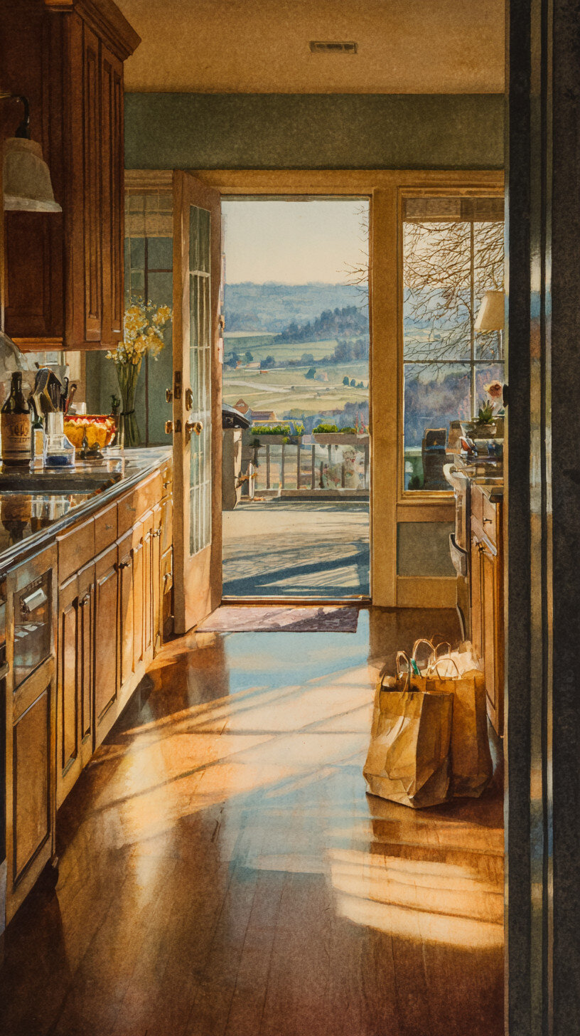 Sunlit kitchen with wooden cabinets, groceries in paper bags on the floor, and an open door leading to a scenic view of fields and hills.