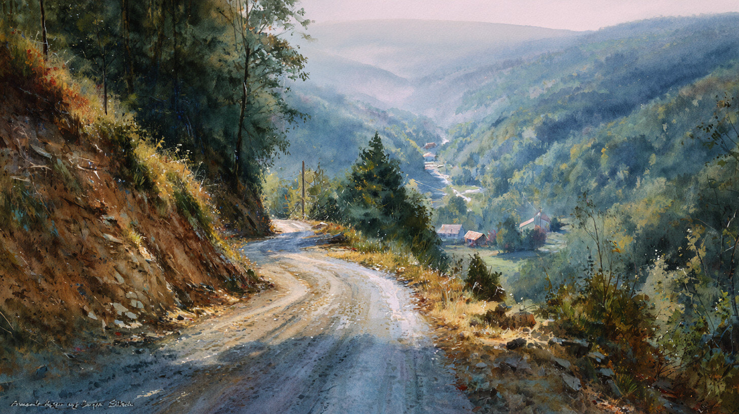 Winding dirt road through a sunlit forested valley with distant houses, lush green hills, and gentle morning haze in the background.
