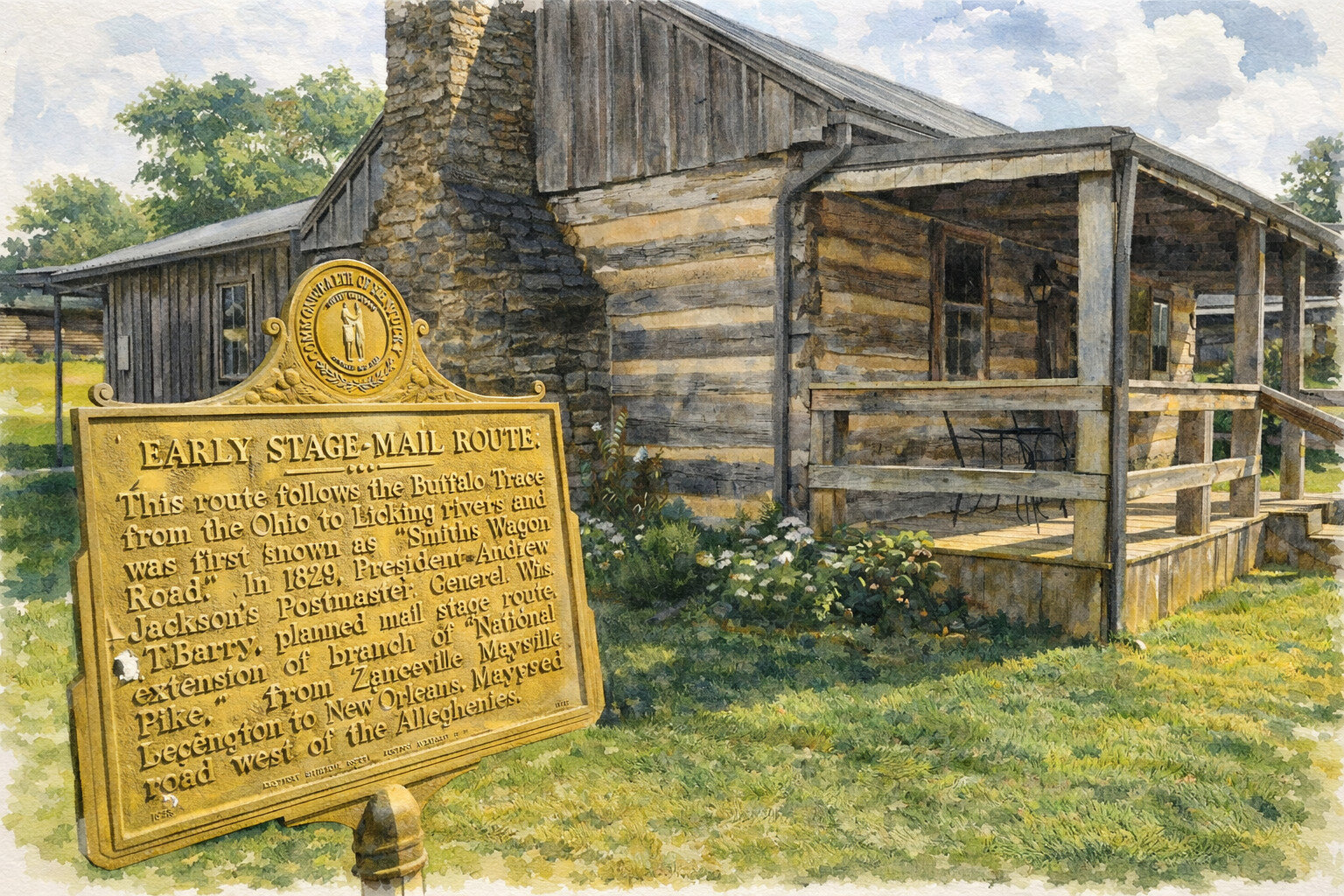 Historic marker about an early stage-mail route stands in front of a rustic log cabin with a porch, surrounded by grass and flowers under a blue sky.