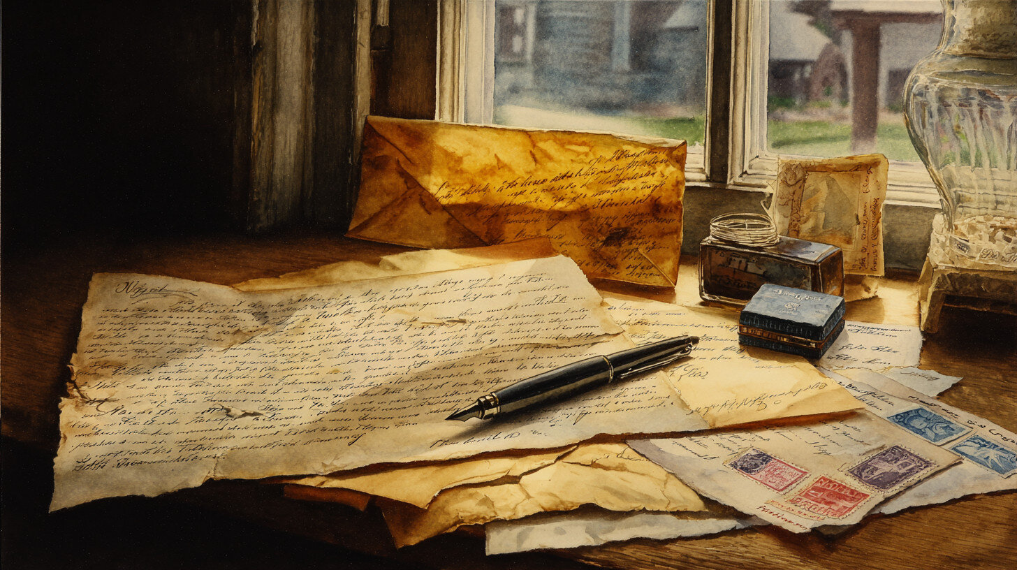 Old handwritten letters, envelopes, fountain pen, ink bottle, and vintage stamps on a wooden desk by a sunlit window, evoking a sense of nostalgia and history.