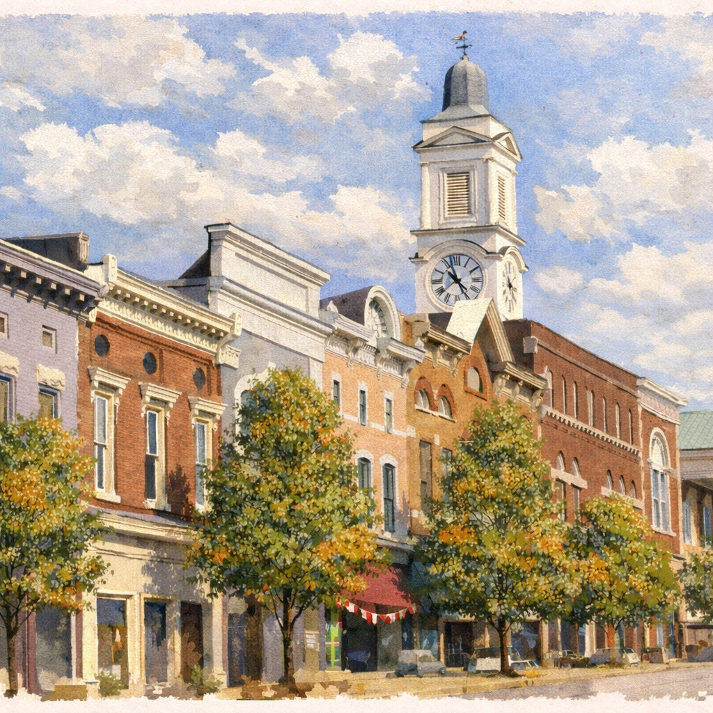 Watercolor painting of a quaint small-town street with historic brick buildings, green trees, and a white clock tower under a partly cloudy blue sky.