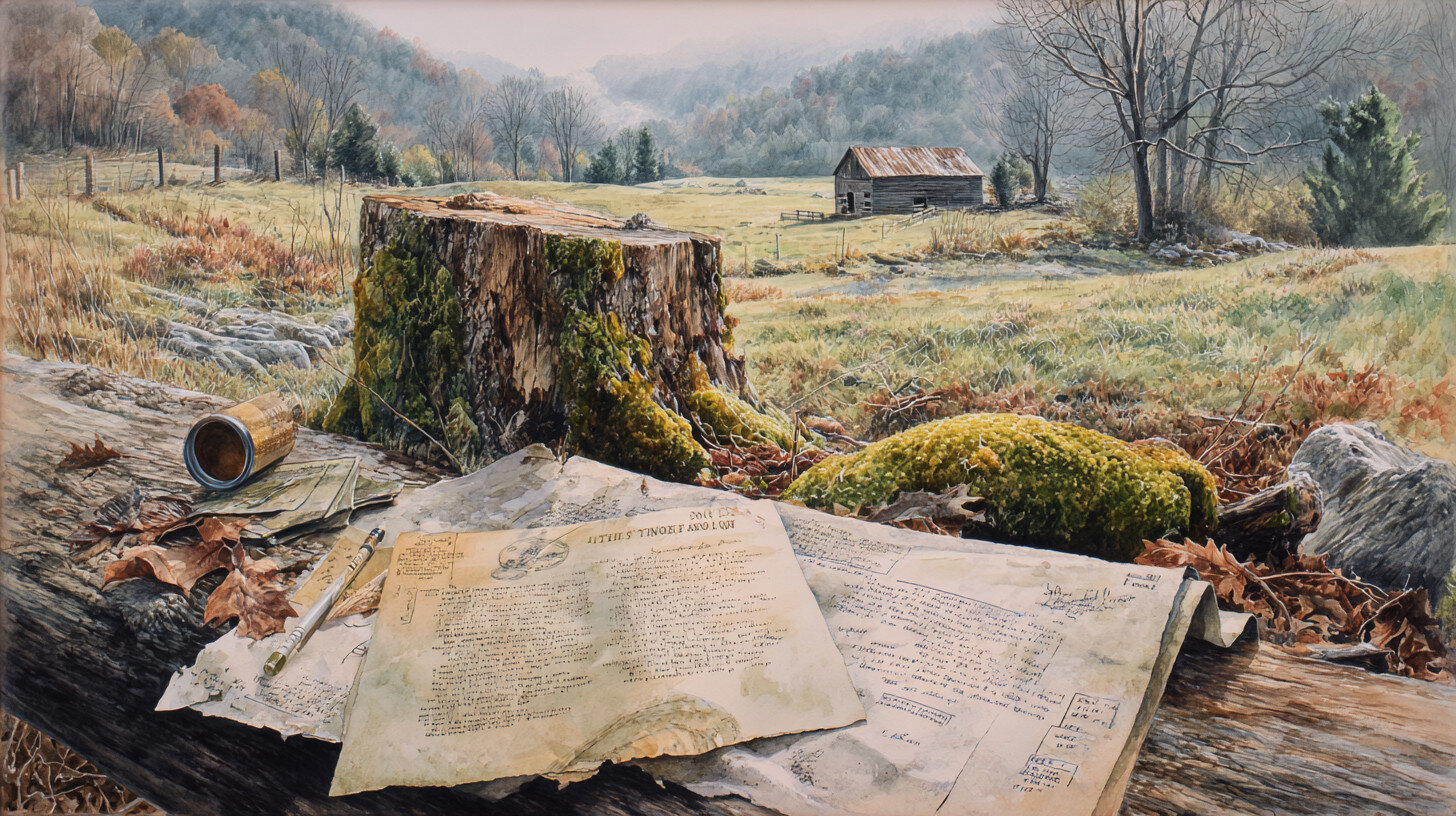 Old letters, a pencil, and a metal can rest on a mossy log; a tree stump, field, and distant barn appear under an overcast sky.