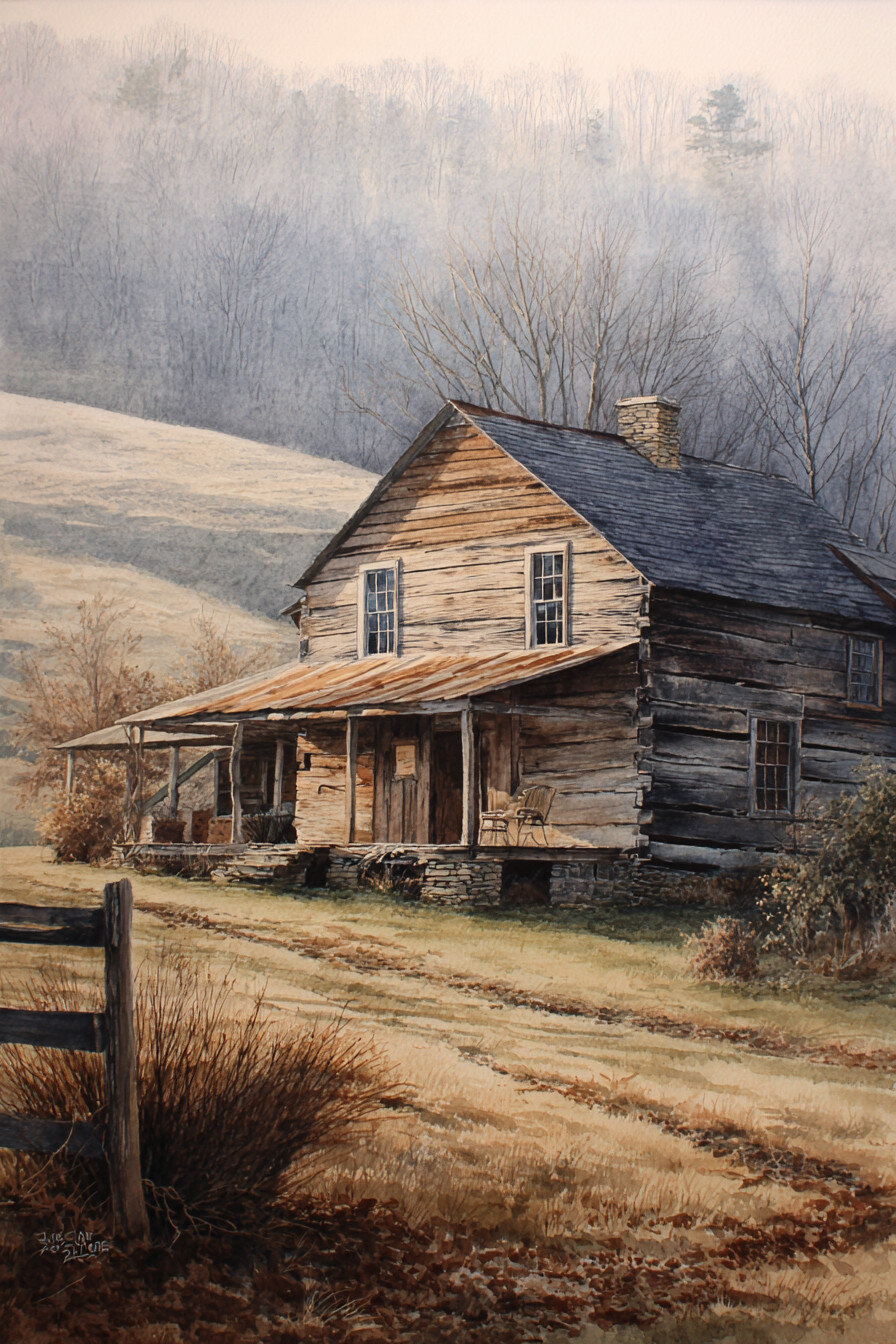 A rustic wooden cabin with a porch sits in a grassy field, surrounded by bare trees and rolling hills under a misty sky.