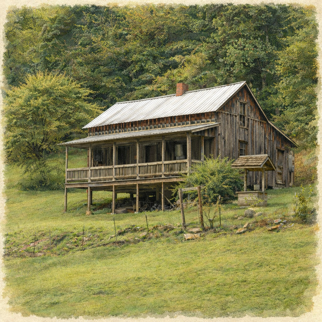 A rustic wooden house with a front porch stands on a grassy hillside, surrounded by trees and greenery, evoking a peaceful countryside setting.