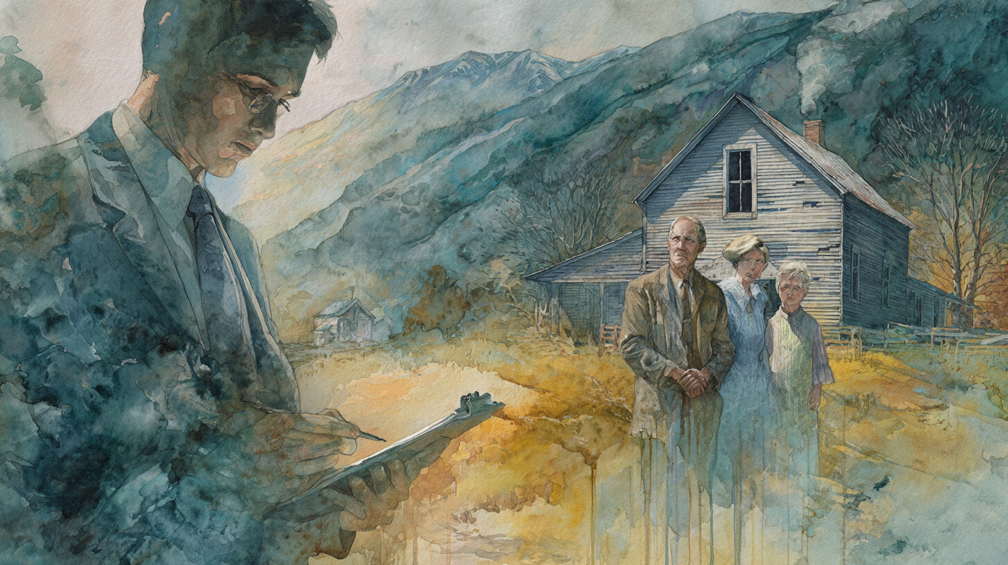 Illustration of people at a rural Kentucky home, symbolizing Eastern KY Title, Kentucky Title Company, Real Estate Closing, Title Insurance, Lewis County, Wolfe County, Escrow Services, Residential Title Search.