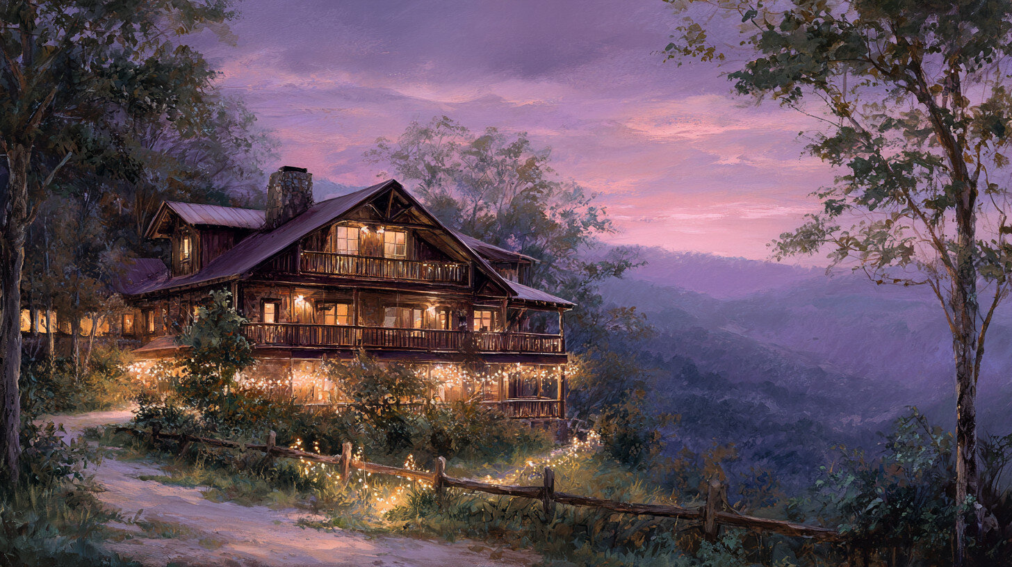 Charming cabin with porch lights glowing, nestled in scenic hills&mdash;Eastern KY Title, Kentucky Title Company for Real Estate Closing, Title Insurance, Escrow, Lewis County, Wolfe County services.