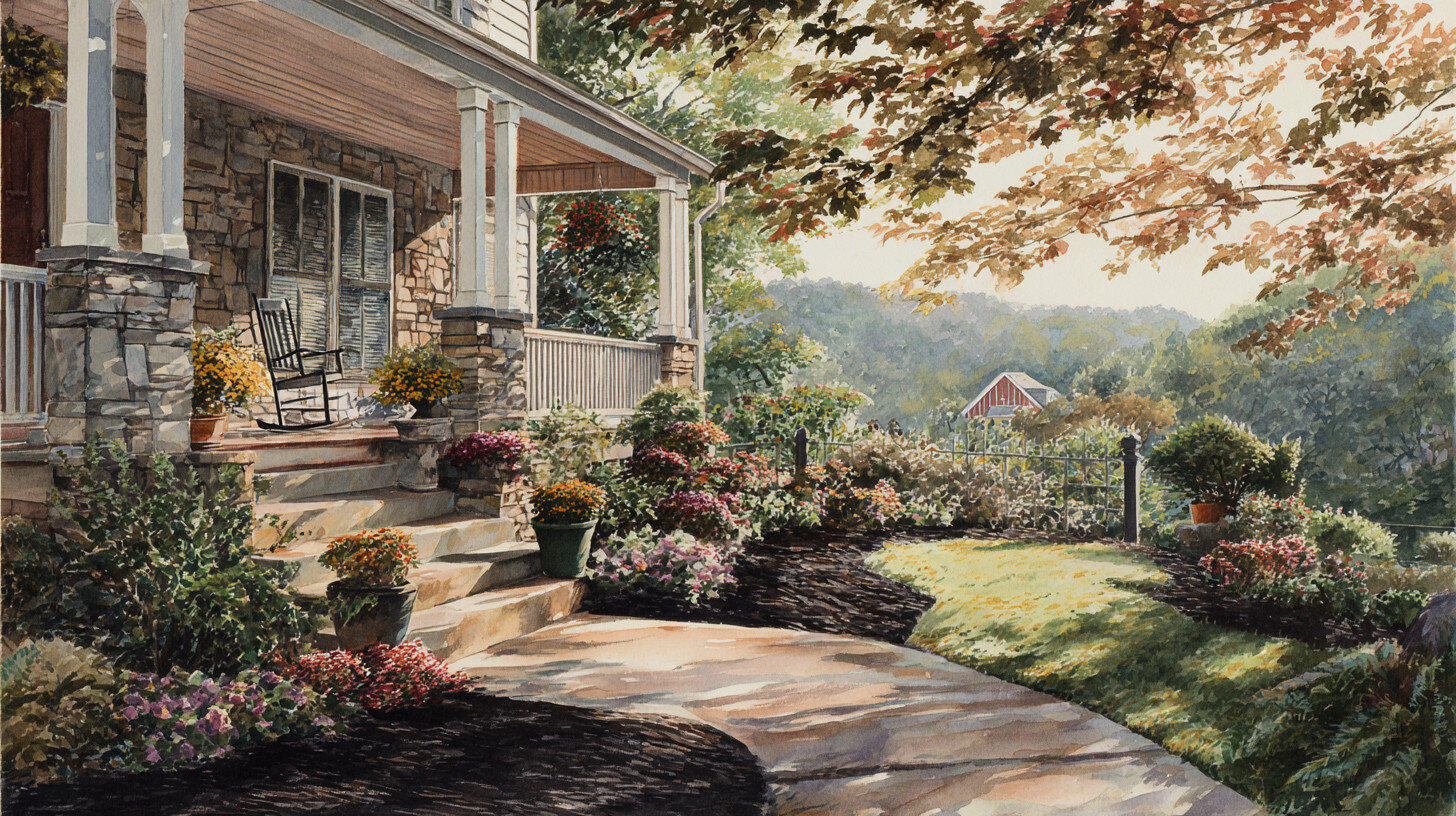 A cozy house porch with a rocking chair, numerous potted flowers, stone steps, and a landscaped garden overlooking a distant red barn and green hills.
