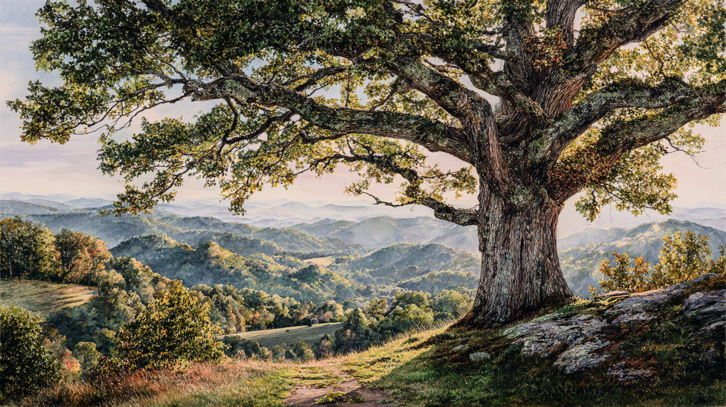 Large oak tree on a hill overlooks a sunlit, rolling landscape of green forests and distant blue mountains under a soft, pastel sky.