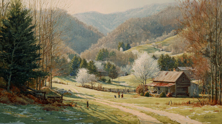 Appalachian farm setting with rolling hills illustration