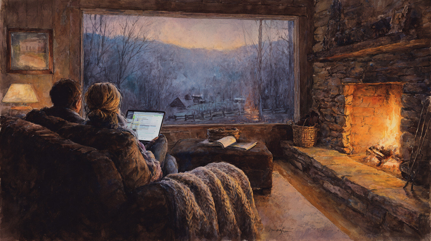February online real estate closing from couch on laptop, two people sitting by fireplace