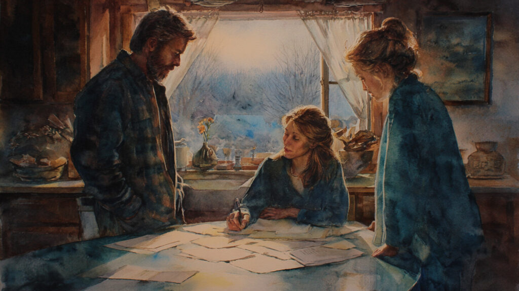 February real estate closing at kitchen table illustration, two people standing, one sitting and signing documents
